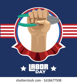 Labor day poster with text and construction tools - Vector