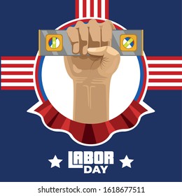 Labor day poster with text and construction tools - Vector