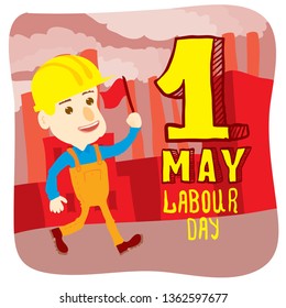 Labor Day Poster.  Worker with a red flag. Hand drawn cartoon.