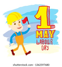 Labor Day Poster.  Worker with a red flag. Hand drawn cartoon.