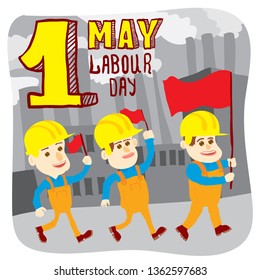 Labor Day Poster.  Worker with a red flag. Hand drawn cartoon.
