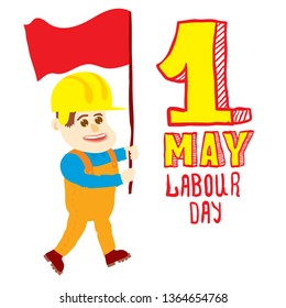 Labor Day Poster.  Worker with a red flag. Hand drawn cartoon.