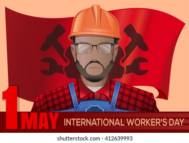Labor Day poster with workman on the background waving in the wind red flag. Happy International Workers Day. 1 st May. May Day. Labor Day. Vector illustration