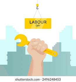 Labor Day poster with a "wrench in hand" theme, highlighting the power of workers, featuring bold graphics, strong colors, and images that celebrate craftsmanship and hard work.