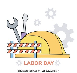 Labor day poster. Yellow construction hat, screwdriver and wrench. International holiday and festival 1 May. Template and layout. Linear vector illustration isolated on white background