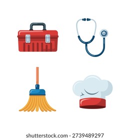 Labor day professions icons, toolbox wrench, stethoscope, broom and chef hat, workplace appreciation poster, career fair session vector design