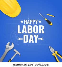 labor day promotion banner or poster template. vector illustration with construction tools. labor day celebration concept.