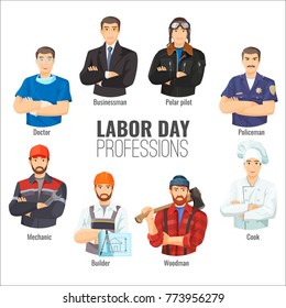 Labor day promotional poster with popular professions set
