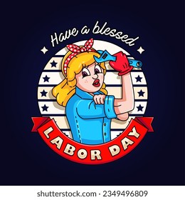 Labor Day. Retro cartoon lady showing off her muscles while holding a wrench. Perfect for logos, t-shirts, stickers and posters