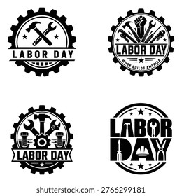 Labor Day Round Badge Logo Set Worker Tools Emblems, Gear, Hammer, Wrench Industrial Vintage Vector Stamp Collection