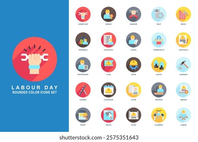 Labor day rounded color icons pack, contain badge, bold, flyer, worker, award, hammer, gear and more. use for modern concept UI and UX kit, app and web development. Vector EPS 10.