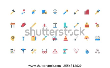 Labor Day, safety equipment and tools, workwear of construction worker color icon set. Industrial health protection and hardware of builder, goggles and helmet flat elements vector illustration