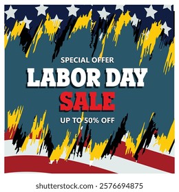 Labor Day sale advertisement with bold text, patriotic elements, and promotional offers of up to fifty percent off. Flat vector modern illustration 