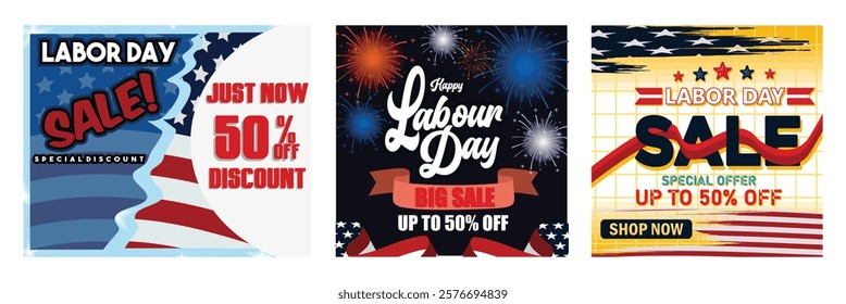 Labor Day Sale Advertisement. Fireworks and Discount Offer. Labor Day Sale promotion advertising banner with Ribbon. Set flat vector modern illustration 