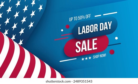 Labor Day Sale. American federal holiday sales promotional banner. Commercial background for Labor Day shopping advertising. American waving flag. Vector illustration.