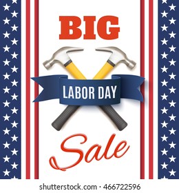 Labor Day sale  background template. Badge with two hummers and blue ribbon, on top of abstract American flag. Vector illustration.