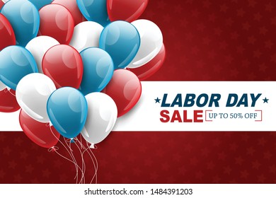 Labor Day sale banner with a bunch of ballons on red background. United States of America national september holiday. Vector illustration.