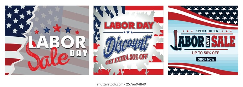 Labor Day Sale Banner. Patriotic American Theme and Discount Announcement. American Flag and Promotional Text. Set flat vector modern illustration 