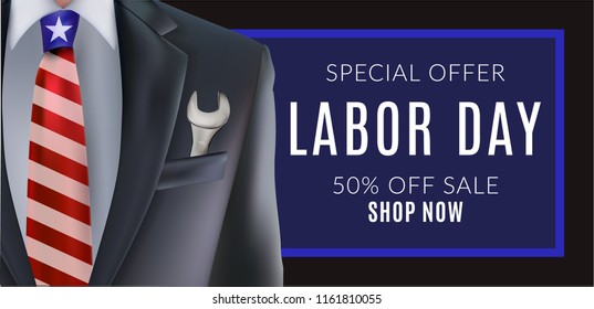 Labor day sale banner poster with man in suit with key tool in jacket pocket with red and blue necktie and USA american flag