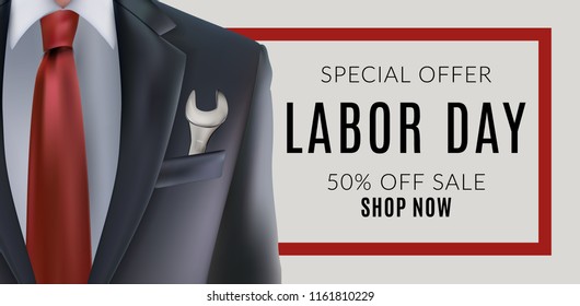 Labor day sale banner poster with man in suit with key tool in jacket pocket with red and blue necktie and USA american flag