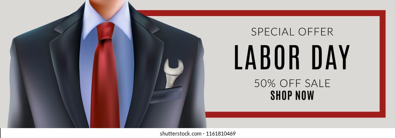 Labor day sale banner poster with man in suit with key tool in jacket pocket with red and blue necktie and USA american flag