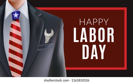 Labor day sale banner poster with man in suit with key tool in jacket pocket with red and blue necktie and USA american flag
