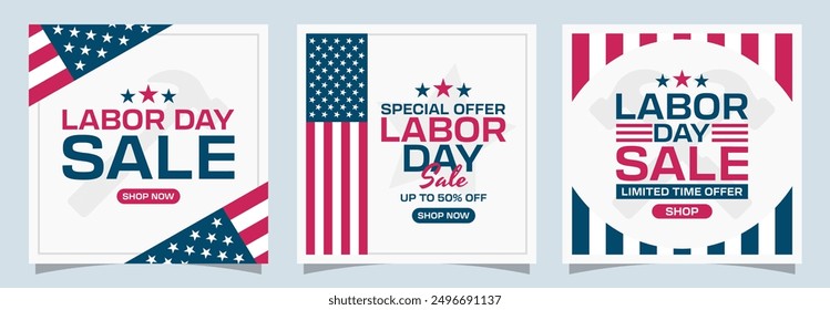 Labor Day sale banner set. Promotional square backgrounds. Shopping, business and social media cards.