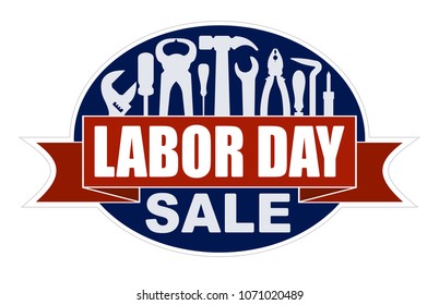 Labor day sale banner with silhouettes of workers tools: hammer, screwdriver, pliers, file, soldering iron, pliers, awl, etc.