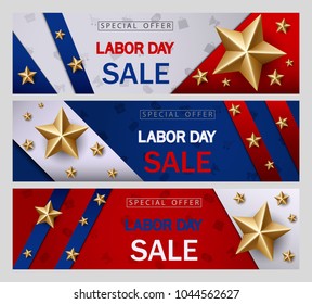 Labor day sale banner template with American flag and golden star design 