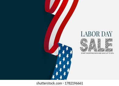 Labor Day sale banner template. USA national federal holiday. Waving ribbon, American flag design. Vector illustration.
