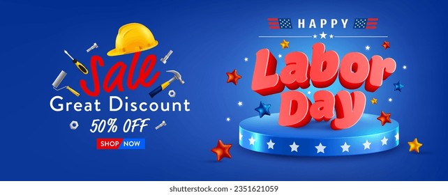 Labor Day Sale Banner Template.USA Labor Day celebration Sale with Yellow safety helmet, hammer and screwdriver tools.Sale promotion advertising Poster or Banner for Labor Day