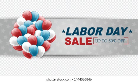 Labor Day sale banner. Transparent background with a bunch of blue, red, and white balloons. Vector illustration.