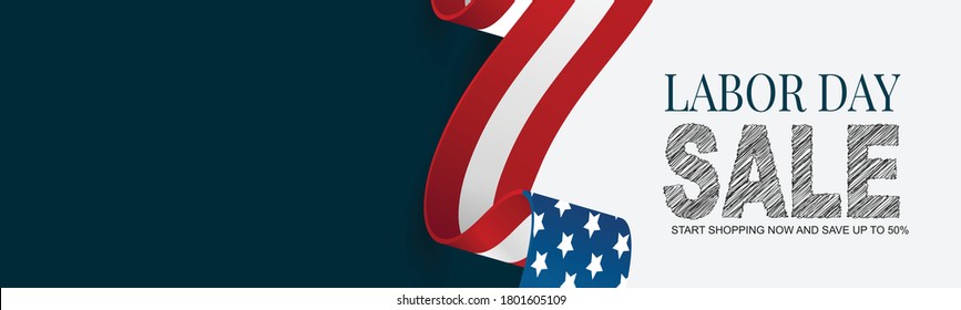 Labor Day Sale Banner. USA National Federal Holiday Header Design. American Flag Waving Ribbon Background. Realistic Vector Illustration.