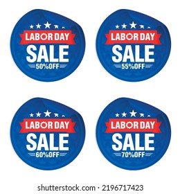 Labor day sale blue stickers set with red ribbon. Sale 50%, 55%, 60%, 70% off. Vector illustration