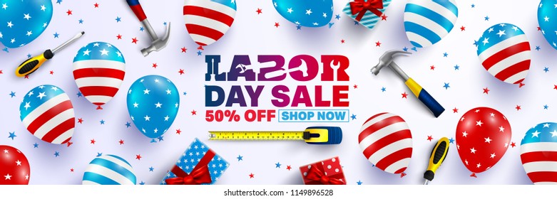 Labor Day Sale Brochures,Poster or Banner template.USA labor day celebration with American balloons flag.Sale promotion advertising banner template for USA Labor Day