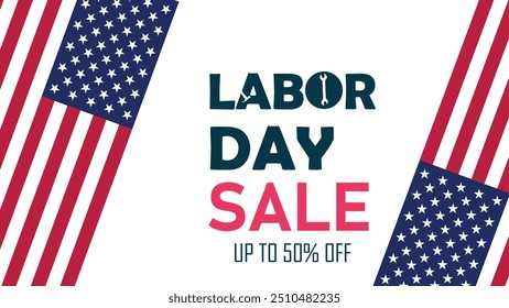 Venda do Dia do Trabalho. Antecedentes comerciais da publicidade comercial do Dia do Trabalho. Promoção de venda de feriado federal americano com bandeira americana isolada no fundo branco .