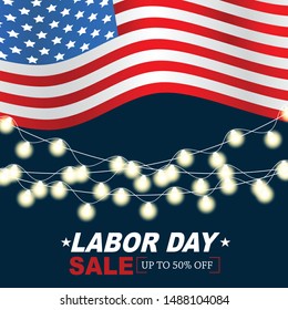 Labor Day sale design page with USA national flag and haning garland made of glowing lights. Vector illustration.