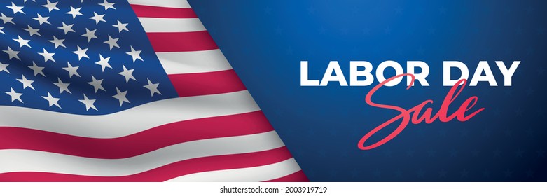 Labor Day Sale horizontal banner. Waving realistic american flag and text. Concept template for web sites, header. Stock vector illustration.