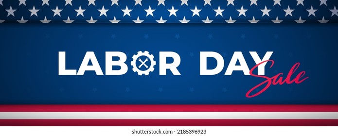 Labor Day Sale horizontal banner on blue background. USA national federal holiday header design. Stock vector illustration.