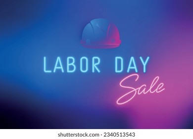 Labor Day Sale neon banner. Bright luminous signboard and worker's helmet reflecting neon light. Stock vector illustration.