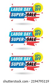 Labor day sale origami labels set. Super sale 30%, 40%, 50% off discount. Vector illustration