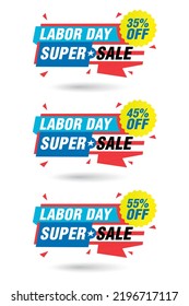 Labor day sale origami labels set. Super sale 35%, 45%, 55% off discount. Vector illustration