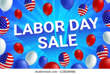 Labor day sale poster flyer banner vector illustration. American flag balloon on blue background design. Labor day celebration concept advertising.