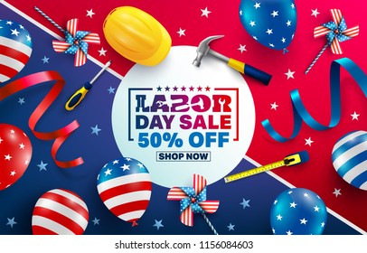 Labor Day Sale poster template.USA labor day celebration with American balloons flag,star and tools.Sale promotion advertising banner template for USA Labor Day Brochures,Poster or Banner