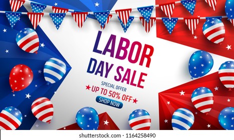 Plantilla de afiche de la venta del Día del Trabajo.Celebración del Día del Trabajo en Estados Unidos con bandera, estrella y herramientas de los globos estadounidenses.Plantilla de anuncio de promoción de ventas para folletos del Día del Trabajo en Estados Unidos, afiche o pancarta