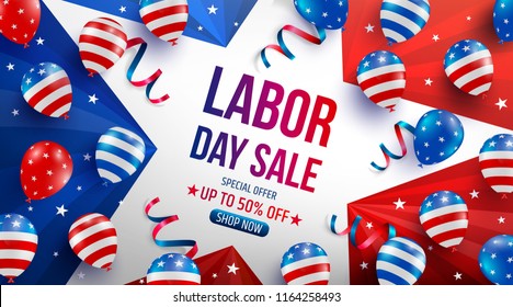 Labor Day Sale poster template.USA labor day celebration with American balloons flag,star and tools.Sale promotion advertising banner template for USA Labor Day Brochures,Poster or Banner