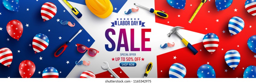 Labor Day Sale poster template.USA labor day celebration with American balloons flag,star and tools.Sale promotion advertising banner template for USA Labor Day Brochures,Poster or Banner