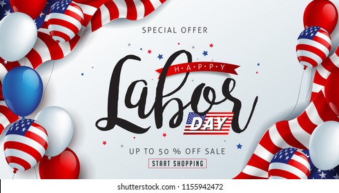 Labor day sale promotion advertising banner template decor with American flag balloons and Colorful Fireworks decor .American labor day wallpaper.voucher discount.Vector illustration .