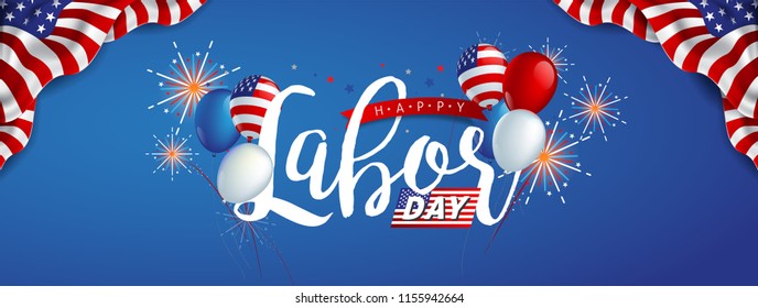 Labor day sale promotion advertising banner template decor with American flag balloons and Colorful Fireworks decor .American labor day wallpaper.voucher discount.Vector illustration .