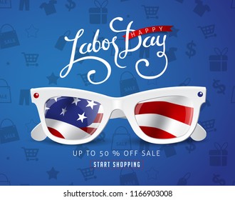 Labor day sale promotion advertising banner template decor with Sunglasses American flag.Vector illustration .